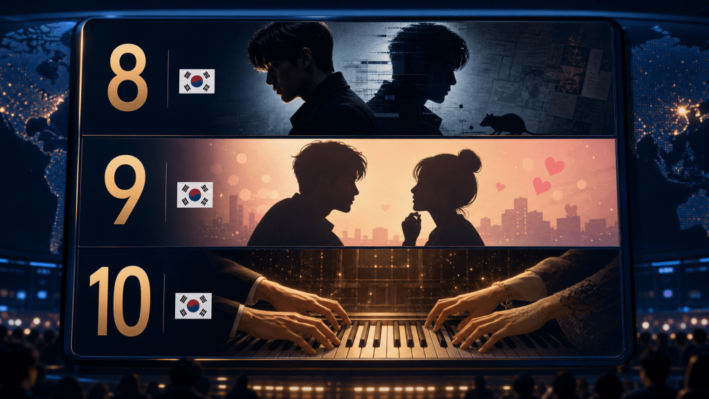 넷플릭스 세계 순위 8위 9위 10위에 한국 드라마 세 편이 연속 진입한 모습을 표현한 이미지