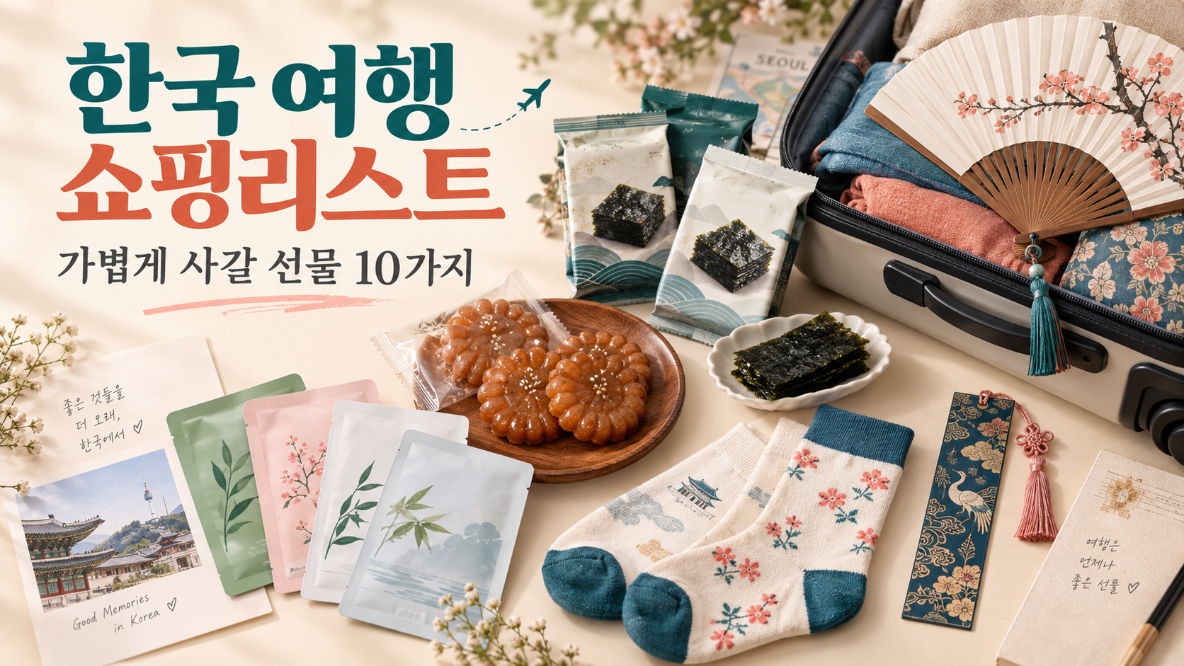 한국 여행 선물인 김·약과·양말·부채·마스크팩을 표현한 AI 생성 이미지